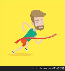 Cheerful winner crossing finish line. Young caucasian smiling athlete winning marathon. A hipster sprinter with the beard breaking the tape. Vector flat design illustration. Square layout.. Athlete crossing finish line vector illustration.