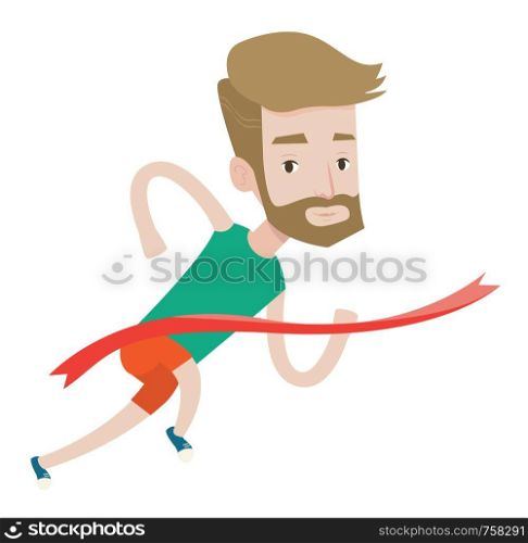 Cheerful winner crossing finish line. Young caucasian smiling winner winning marathon. A hipster winner with the beard breaking the tape. Vector flat design illustration isolated on white background.. Winner crossing finish line vector illustration.