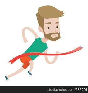 Cheerful winner crossing finish line. Young caucasian smiling winner winning marathon. A hipster winner with the beard breaking the tape. Vector flat design illustration isolated on white background.. Winner crossing finish line vector illustration.