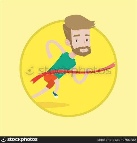 Cheerful winner crossing finish line. Young caucasian smiling winner winning marathon. Hipster winner with beard breaking the tape. Vector flat design illustration in the circle isolated on background. Athlete crossing finish line vector illustration.