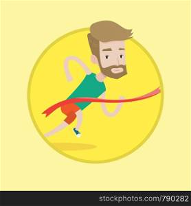 Cheerful winner crossing finish line. Young caucasian smiling winner winning marathon. Hipster winner with beard breaking the tape. Vector flat design illustration in the circle isolated on background. Athlete crossing finish line vector illustration.