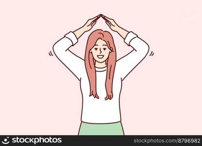 Cheerful woman depicts roof over head with hands, symbolizing security and inviolability. Positive girl stretches hands up offers to pay attention to real estate insurance services. Flat vector image. Happy woman depicts roof over head with hands, symbolizing security and inviolability. Vector image