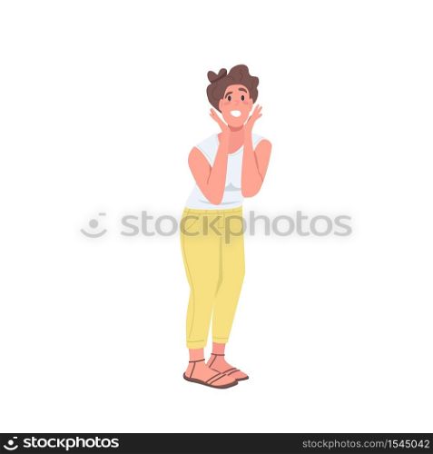 Cheerful woman flat color vector detailed character. Surprised woman with open mouth. Happy girl. Feeling of excitement isolated cartoon illustration for web graphic design and animation. Cheerful woman flat color vector faceless character