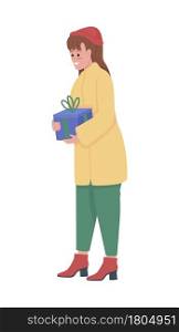 Cheerful woman holding gift box semi flat color vector character. Full body person on white. Girl wearing winter outfit isolated modern cartoon style illustration for graphic design and animation. Cheerful woman holding gift box semi flat color vector character
