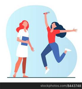 Cheerful woman holding glass tube and jumping. Doctor, vaccine, negative covid test flat vector illustration. Coronavirus, epidemic, infection concept for banner, website design or landing web page