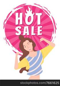 Cheerful woman hot sale vector, isolated woman with happy face expression. Proposition from store, shop discount and clearance flat style character. Hot Sale Female Winking and Pointing on Herself