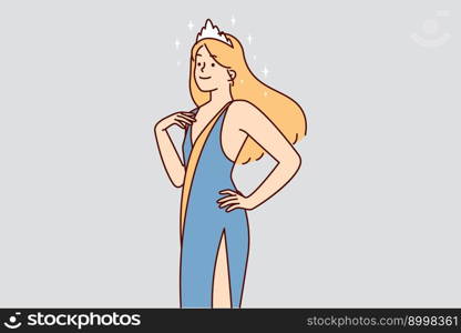 Cheerful woman in evening dress with crown on hair participating in beauty contest or fashion show. Positive blonde girl with ribbon on shoulder is ready to go to ballroom or cool fashion party . Cheerful woman in evening dress with crown on hair participating in beauty contest or fashion show