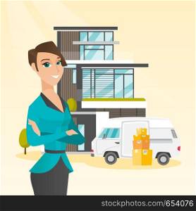 Cheerful woman moving to a new house. Young happy woman standing in front of his new home. Caucasian new homeowner unloading boxes from pantechnicon van. Vector flat design illustration. Square layout. Young caucasian woman moving to a house.