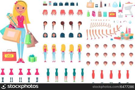 Cheerful Woman on Shopping Spree Illustration. Cheerful blonde woman on shopping spree isolated vector illustration. Collection of icons depicting various clothes, hairstyles and other items