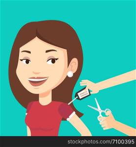 Cheerful woman removing price tag off new t-shirt. Young caucasian woman cutting label off new clothes with scissors. Woman shopping at clothes store. Vector flat design illustration. Square layout.. Woman cutting price tag off new t-shirt.
