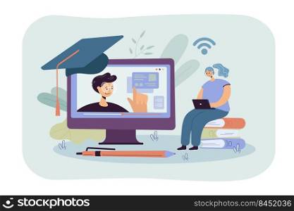 Cheerful woman studying on internet, watching webinar on computer, taking online course. Vector illustration for knowledge, education, distance learning concept