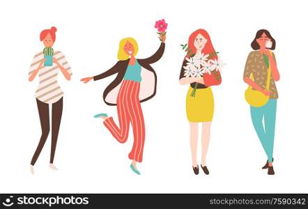 Cheerful woman with flowers celebrating spring holidays isolated on white. Vector female people with blooming bouquets, smiling ladies with 8 March gifts. Cheerful Woman Flowers Celebrating Spring Holidays