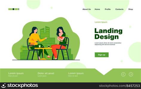 Cheerful women sitting in cafe with newborn. Baby, mother, breast flat illustration. Motherhood and lactation concept for banner, website design or landing web page