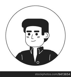 Cheerful young adult man monochrome flat linear character head. Hispanic male person. Editable outline hand drawn human face icon. 2D cartoon spot vector avatar illustration for animation. Cheerful young adult man monochrome flat linear character head