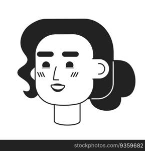 Cheerful young girl monochrome flat linear character head. Happy elegant woman with wavy hair. Editable outline hand drawn human face icon. 2D cartoon spot vector avatar illustration for animation. Cheerful young girl monochrome flat linear character head