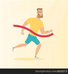 Cheerful young hipster sportsman crossing the finish line. Caucasian smiling sportsman breaking the finish line and winning a marathon. Winning concept. Vector flat design illustration. Square layout.. Young caucasian sportsman crossing finish line.