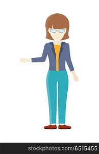 Cheerful Young Lady Waving Her Hand. Cheerful young lady in front waving her hand. Business woman with brown hair and in blue pants and jacket. Isolated young personage. Flat design vector illustration