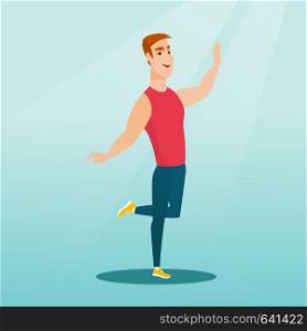 Cheerful young man dancing with passion. Full length portrait of a happy caucasian man dancing. Smiling man during dance workout. Vector flat design illustration. Square layout.. Cheerful caucasian man dancer dancing.