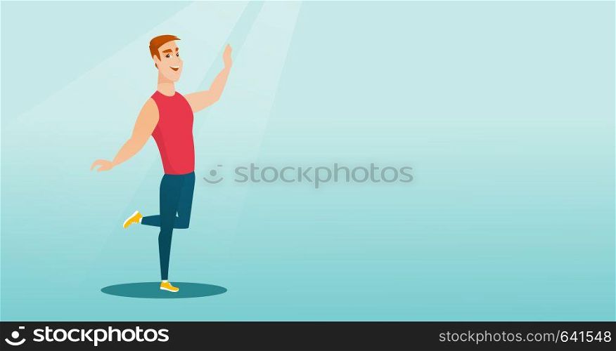 Cheerful young man dancing with passion. Full length portrait of a happy caucasian man dancing. Smiling man during dance workout. Vector flat design illustration. Horizontal layout.. Cheerful caucasian man dancer dancing.