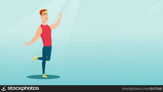 Cheerful young man dancing with passion. Full length portrait of a happy caucasian man dancing. Smiling man during dance workout. Vector flat design illustration. Horizontal layout.. Cheerful caucasian man dancer dancing.