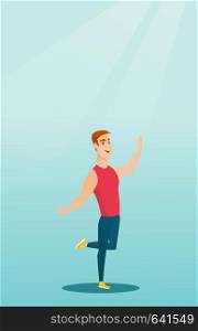 Cheerful young man dancing with passion. Full length portrait of a happy caucasian man dancing. Smiling man during dance workout. Vector flat design illustration. Vertical layout.. Cheerful caucasian man dancer dancing.