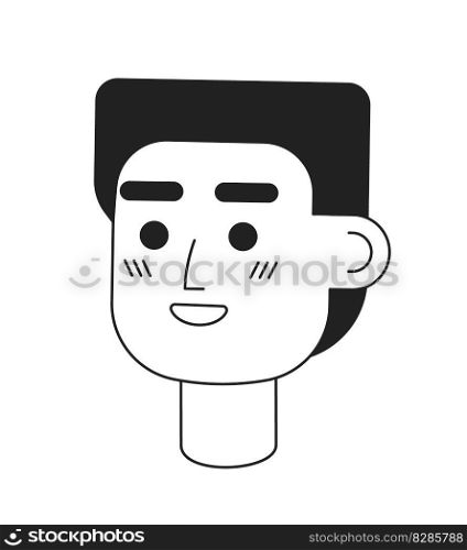 Cheerful young man with shining smile monochromatic flat vector character head. Black white avatar icon. Editable cartoon user portrait. Lineart ink spot illustration for web graphic design, animation. Cheerful young man with shining smile monochromatic flat vector character head