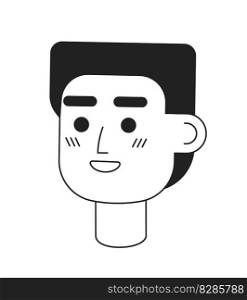 Cheerful young man with shining smile monochromatic flat vector character head. Black white avatar icon. Editable cartoon user portrait. Lineart ink spot illustration for web graphic design, animation. Cheerful young man with shining smile monochromatic flat vector character head