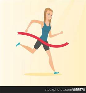 Cheerful young sportswoman crossing the finish line. Caucasian smiling sportswoman breaking the finish line and winning a marathon. Winning concept. Vector flat design illustration. Square layout.. Young caucasian sportswoman crossing finish line.
