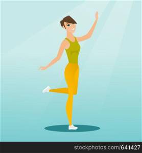 Cheerful young woman dancing with passion. Full length portrait of a happy caucasian woman dancing. Smiling woman during dance workout. Vector flat design illustration. Square layout.. Cheerful caucasian woman dancer dancing.