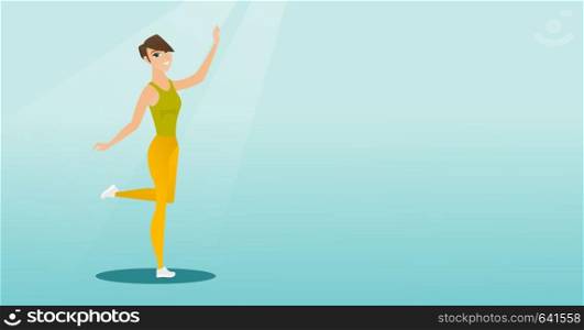 Cheerful young woman dancing with passion. Full length portrait of a happy caucasian woman dancing. Smiling woman during dance workout. Vector flat design illustration. Horizontal layout.. Cheerful caucasian woman dancer dancing.