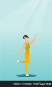 Cheerful young woman dancing with passion. Full length portrait of a happy caucasian woman dancing. Smiling woman during dance workout. Vector flat design illustration. Vertical layout.. Cheerful caucasian woman dancer dancing.