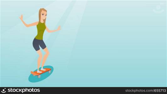 Cheerful young woman riding a skateboard. Happy caucasian woman skateboarding. Woman jumping with a skateboard. Sport and healthy lifestyle concept. Vector flat design illustration. Horizontal layout.. Young caucasian woman riding skateboard.