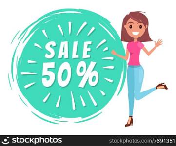 Cheerful young woman sale vector banner clearance sale with percent, promotional discounts. Smiling girl with happy face expression jumping waving hand and hot sale lettering in a round green shape. Cheerful young woman sale vector banner clearance sale with percent, promotional discounts