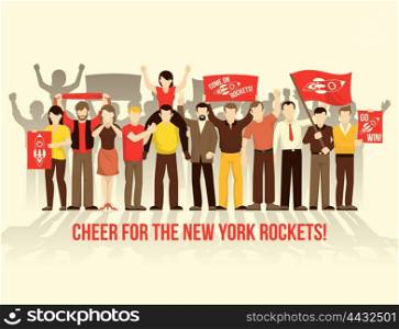 Cheering Crowd People Retro Style Composition. Cheering crowd people retro style composition with men women scarf flags placards on clear backdround vector illustration