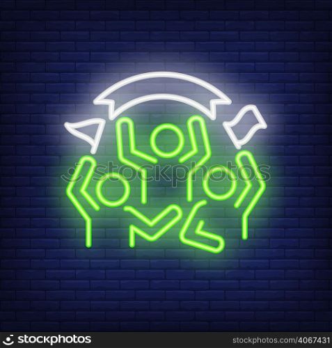 Cheering fans on brick background. Neon style illustration. Match, game, spectators. Soccer banner. For competition, sport, celebration concept