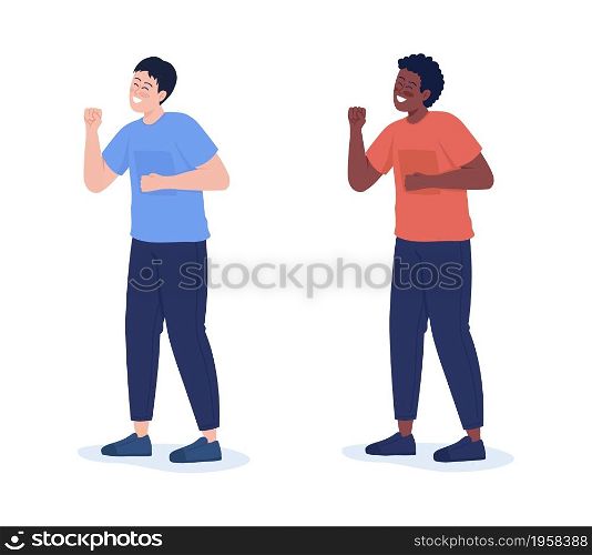 Cheering man semi flat color vector character set. Dynamic figures. Full body people on white. Winner isolated modern cartoon style illustration for graphic design and animation collection. Cheering man semi flat color vector character set