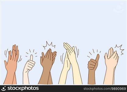 Cheering, ovation, applauding concept. Hands of various people male or female showing thumbs up, applauding, supporting somebody or cheering by gesture vector illustration. Cheering, ovation, applauding concept