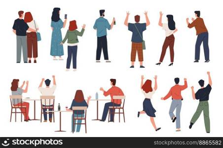 Cheering people back. Pozitive excited characters, rear view men and women, happy spectators and fans, standing and sitting, waving hands, different gestures, nowaday vector cartoon flat isolated set. Cheering people back. Pozitive excited characters, rear view men and women, happy spectators and fans, standing and sitting, waving hands, different gestures, nowaday vector cartoon flat set