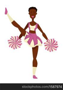 Cheerleader african girl with pompoms in uniform with gaiters isolated female character vector. Split and stretching, cheering up sport team. Dancing and showing tricks, football or basketball game. African girl cheerleader with pompoms in uniform showing split