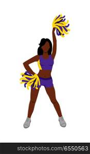 Cheerleader girl. Cheerleading pompoms. Dancing to support football team during competition. Violet and yellow cheerleader uniform. High school cheerleading costume. Figure of young girl. Vector. Cheerleader Girl in Violet and Yellow Uniform