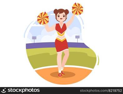 Cheerleader Girl with Pompoms of Dancing and Jumping to Support Team Sport During Competition on Flat Cartoon Hand Drawn Templates Illustration