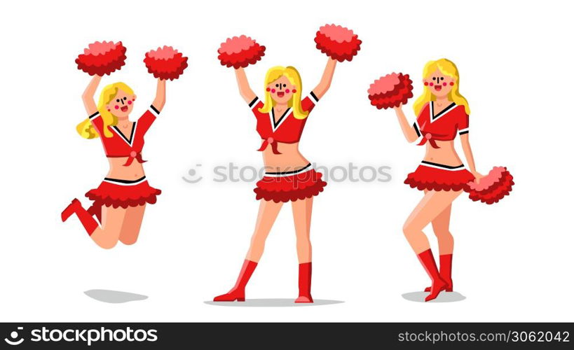 Cheerleader Girls Dancers With Pompoms Vector. Cheerleader Young Women Wearing Uniform And Holding Pom-poms Dancing And Jumping. Characters Sport Team Support Flat Cartoon Illustration. Cheerleader Girls Dancers With Pompoms Vector