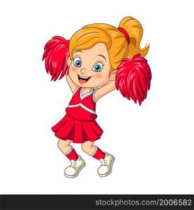 Cheerleaders girl in red uniform with pom poms