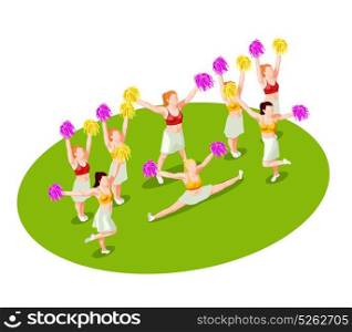 Cheerleading Isometric Illustration. Cheerleading dancers with colorful pompons performing on green floor 3d isometric vector illustration