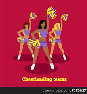 Cheerleading team concept flat design. Cheers and pompom, background cheerleader, football college sport, uniform for school game, competition dance, dancer champion illustration