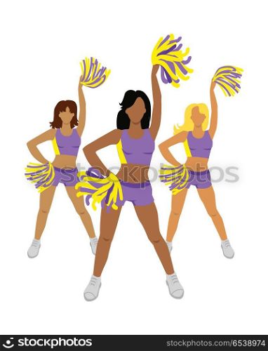 Cheerleading Teams Web Banner. Girls with Pompoms. Cheerleading teams web banner. Cheerleader girls with pompoms. Dancing to support football team during competition. Violet and yellow cheerleader uniform. High school cheerleading costume. Vector