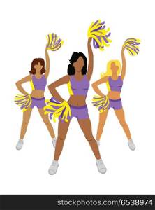 Cheerleading Teams Web Banner. Girls with Pompoms. Cheerleading teams web banner. Cheerleader girls with pompoms. Dancing to support football team during competition. Violet and yellow cheerleader uniform. High school cheerleading costume. Vector