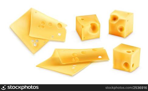 Cheese 3d realistic vector illustration. Cube or chunk and thin square slices of cheez, cheddar with holes, holland or swiss food, set icons isolated on white background. Cheese slices 3d realistic vector illustration