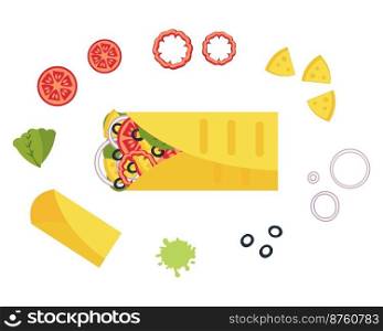 Cheese and olives mexican fastfood burrito recipe ingredients. Perfect for tee, stickers, menu and stationery. Isolated vector illustration for decor and design. 