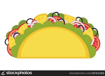 Cheese and olives mexican fastfood taco in flat style. Perfect for tee, stickers, menu and stationery. Isolated vector illustration for decor and design. 